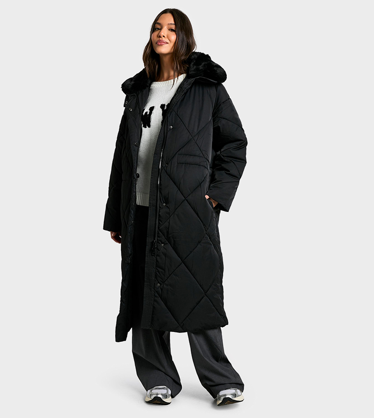 Buy Boohoo Premium Faux Fur Trim Quilted Maxi Parka Coat In Black