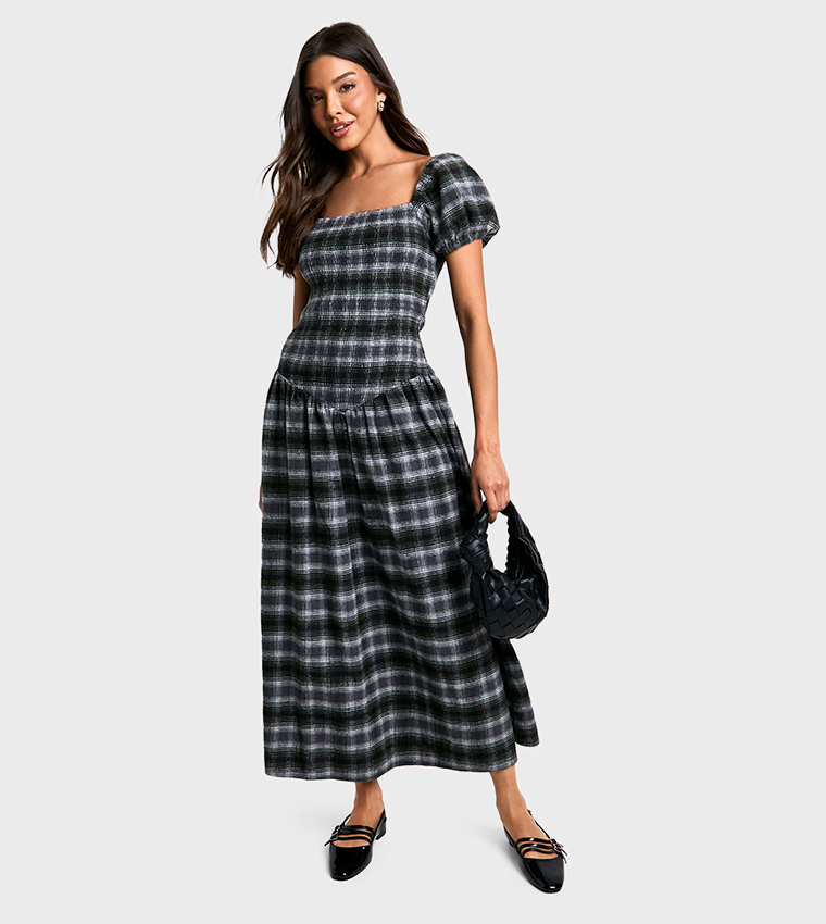 Shirred Check Midaxi Dress