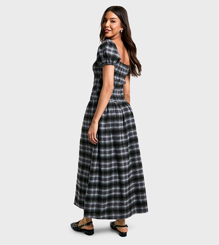 Shirred Check Midaxi Dress