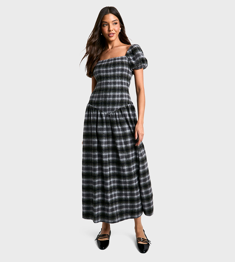 Shirred Check Midaxi Dress