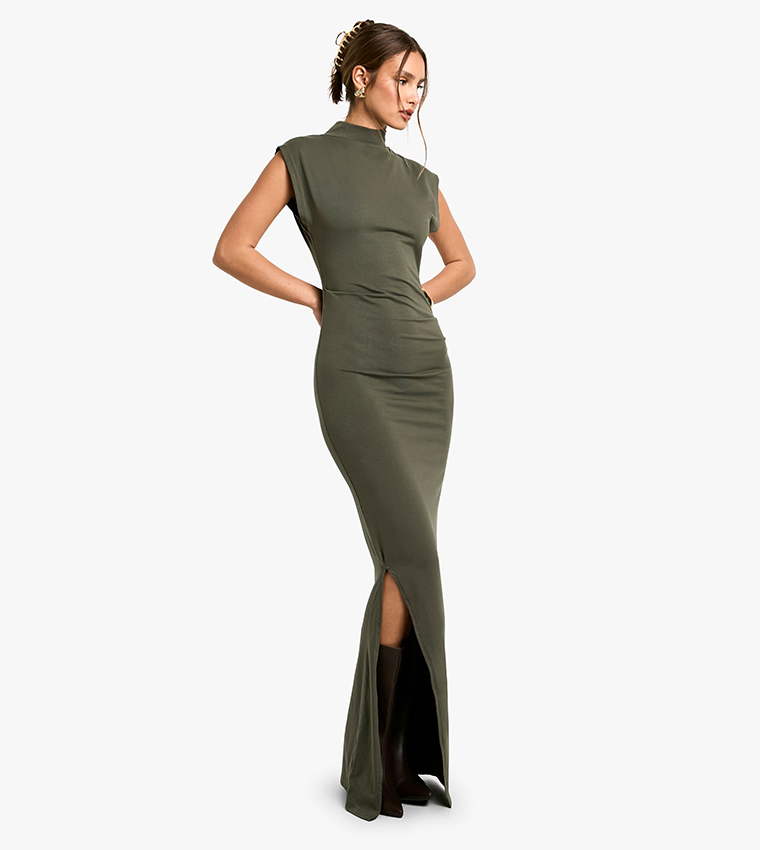 Solid Ruched High Neck Midaxi Dress