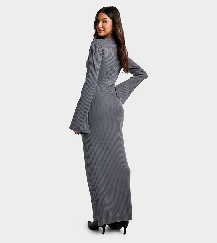 Wide Ribbed Flare Sleeves Maxi Dress