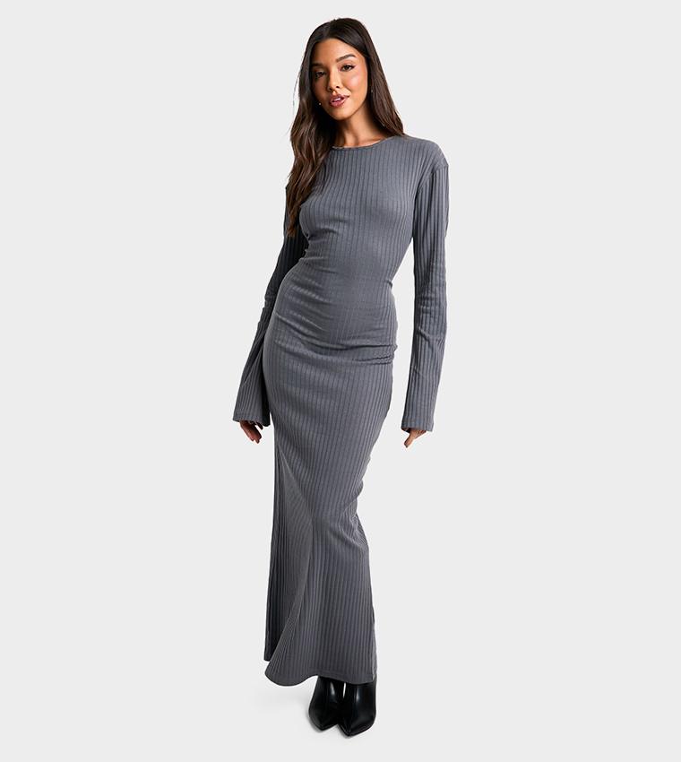 Wide Ribbed Flare Sleeves Maxi Dress