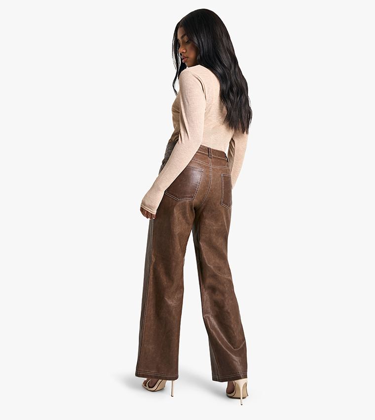 Boohoo Brown Leather Flare Trousers Buy Boohoo Vintage Look Wide