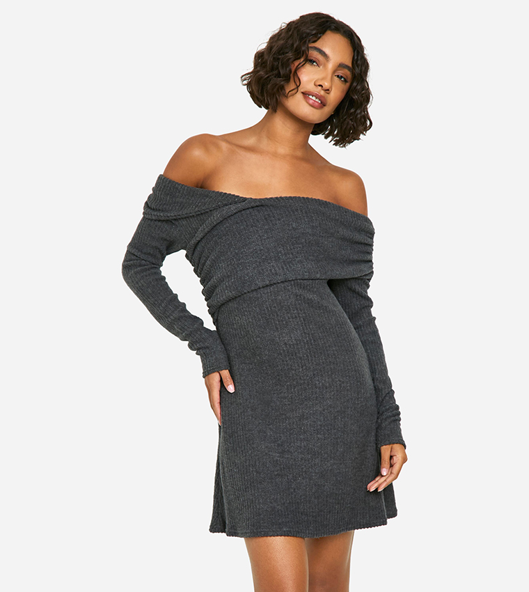 Tall Brushed Ribbed Bardot Mini Dress