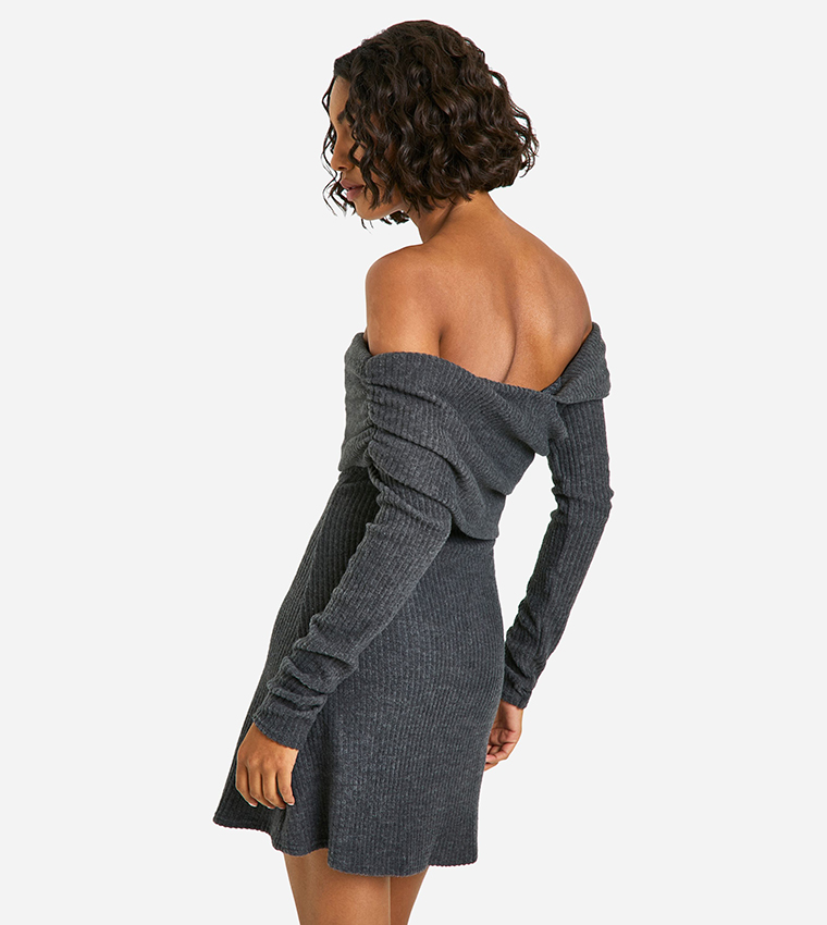 Tall Brushed Ribbed Bardot Mini Dress