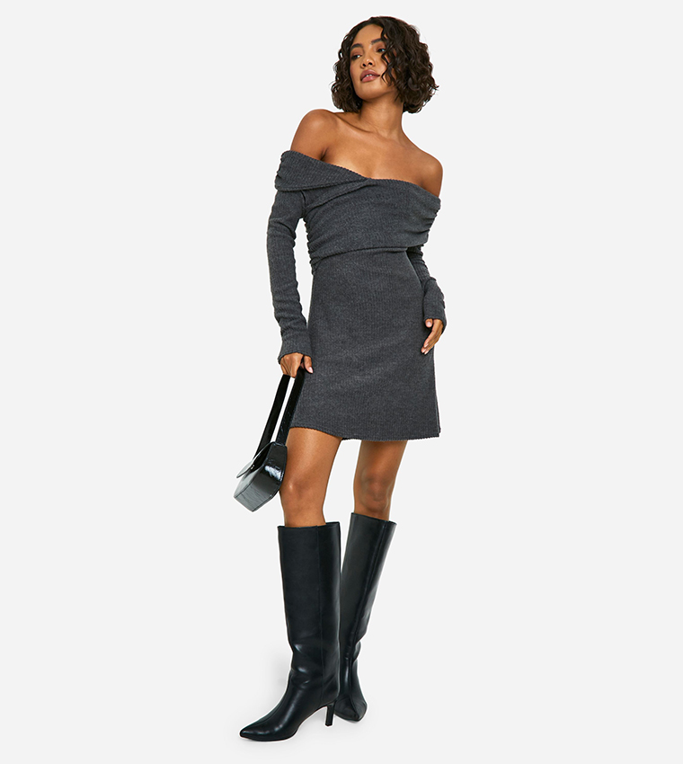 Tall Brushed Ribbed Bardot Mini Dress