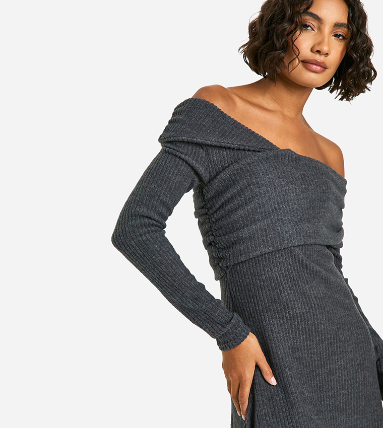 Tall Brushed Ribbed Bardot Mini Dress