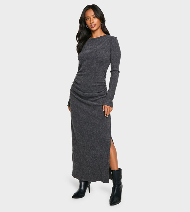 strapless open back dress THE LUXE RIB SCOOP NECK MAXI DRESS GREY