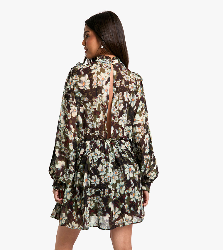 Floral Printed Chiffon Long Sleeves Mini Dress