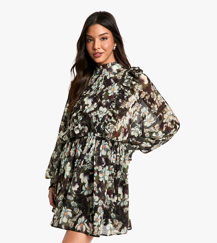 Floral Printed Chiffon Long Sleeves Mini Dress