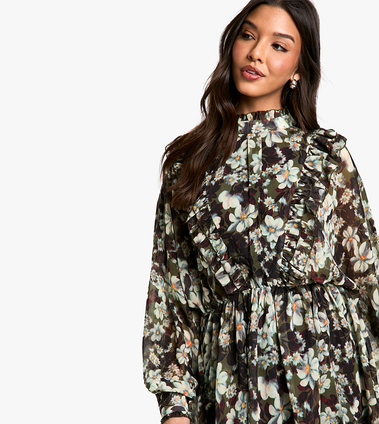 Floral Printed Chiffon Long Sleeves Mini Dress