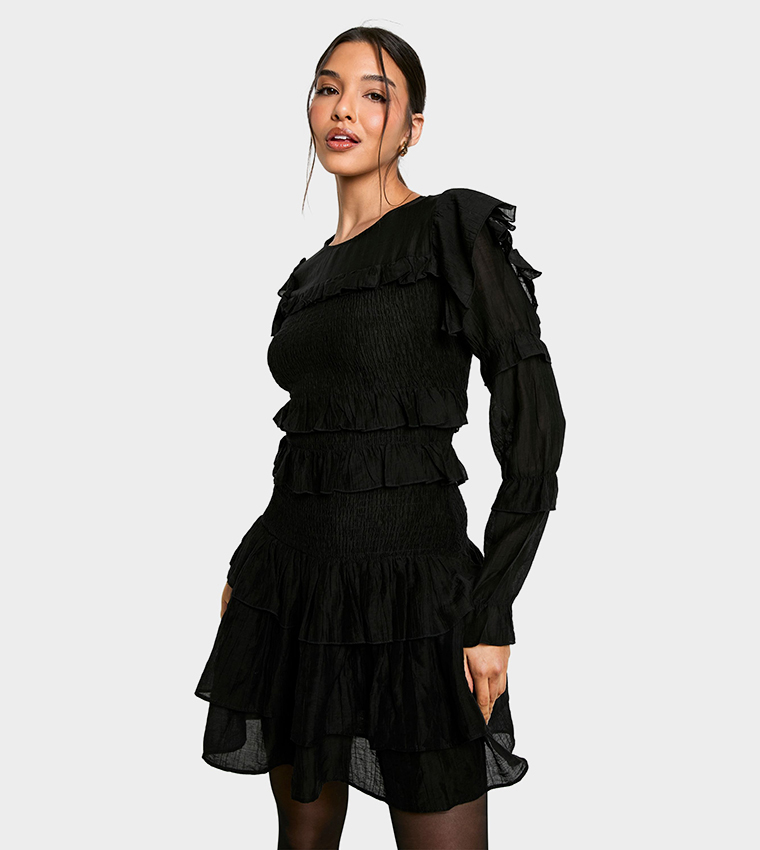 Sheered Long Sleeves Ruffle Mini Dress