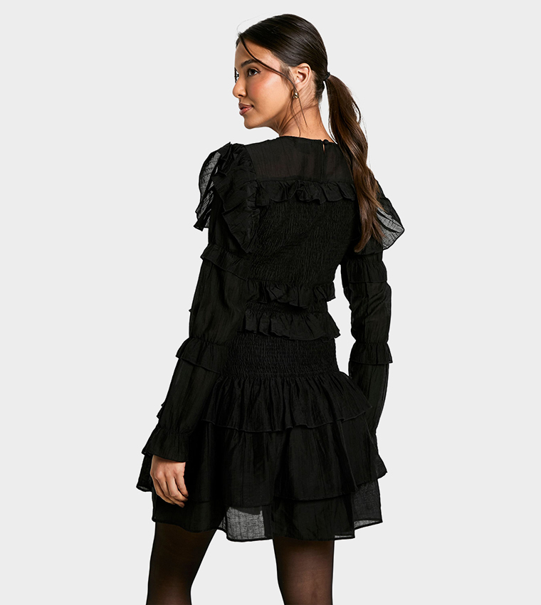 Sheered Long Sleeves Ruffle Mini Dress