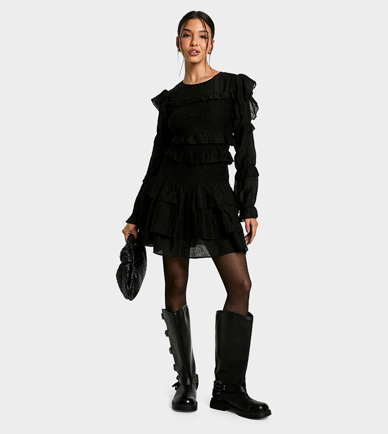 Sheered Long Sleeves Ruffle Mini Dress