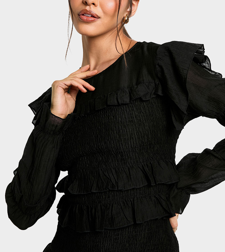 Sheered Long Sleeves Ruffle Mini Dress