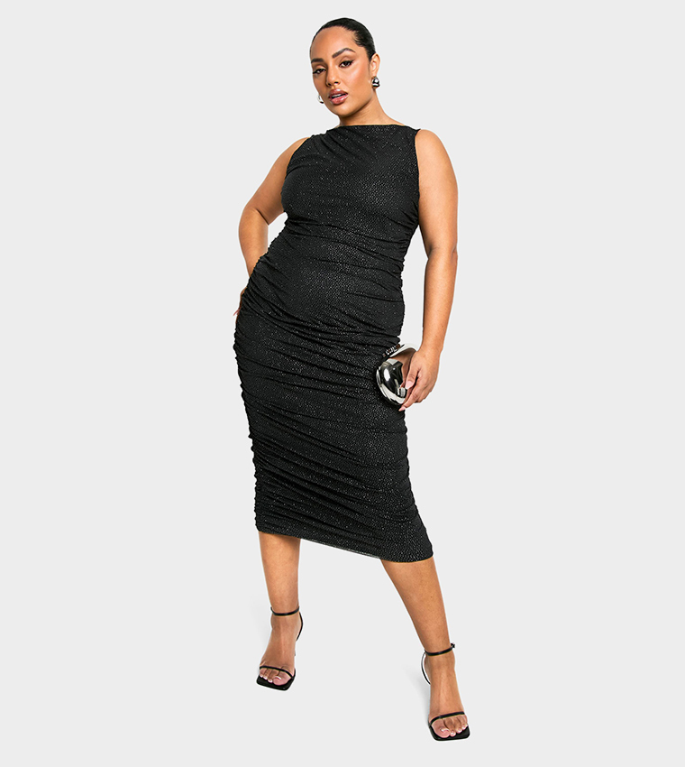 Buy Boohoo Curve Glitter Mesh Ruched Midaxi Dress In Black | 6thStreet  Saudi Arabia