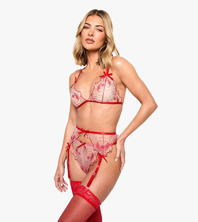 Floral Lace Bralette, Thong and Suspender Set