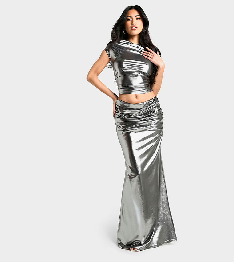 Shimmer Ruched Side Maxi Skirt