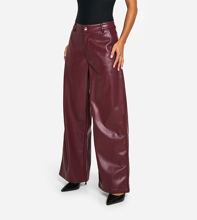 Petite Wide Leg Faux Leather Trousers