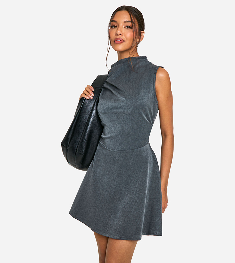 Buy Boohoo Solid High Neck A Line Mini Dress In Grey | 6thstreet Qatar