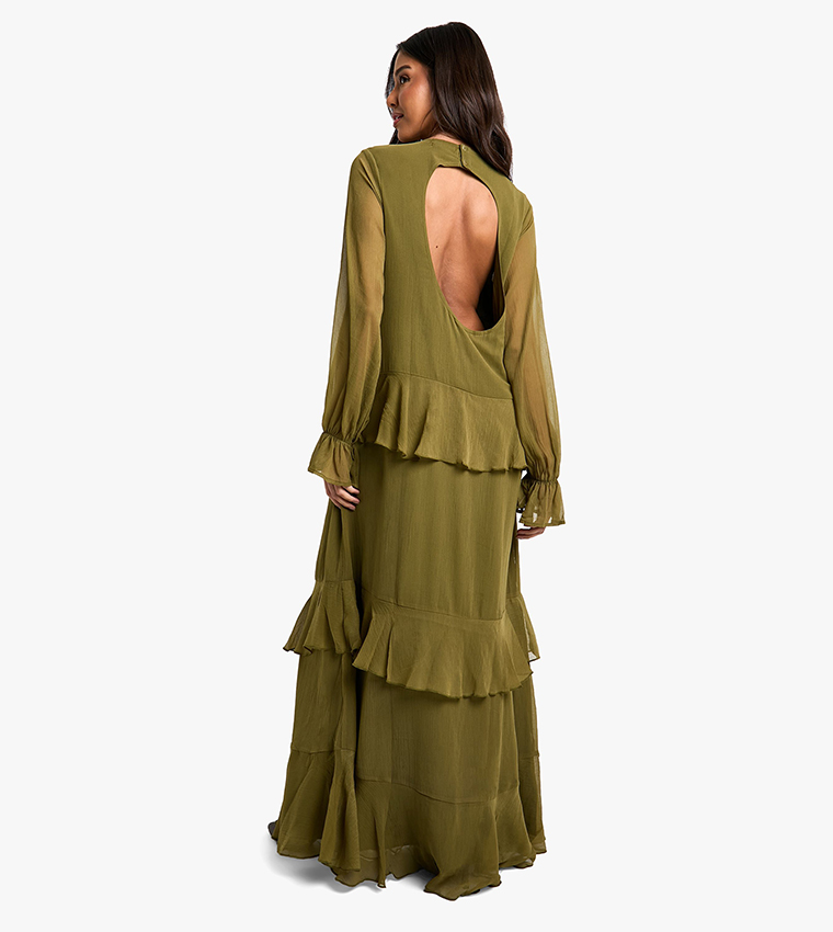 Crinkle Chiffon Ruffle Blouson Maxi Dress