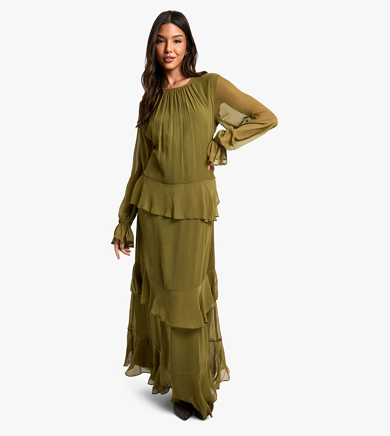 Crinkle Chiffon Ruffle Blouson Maxi Dress