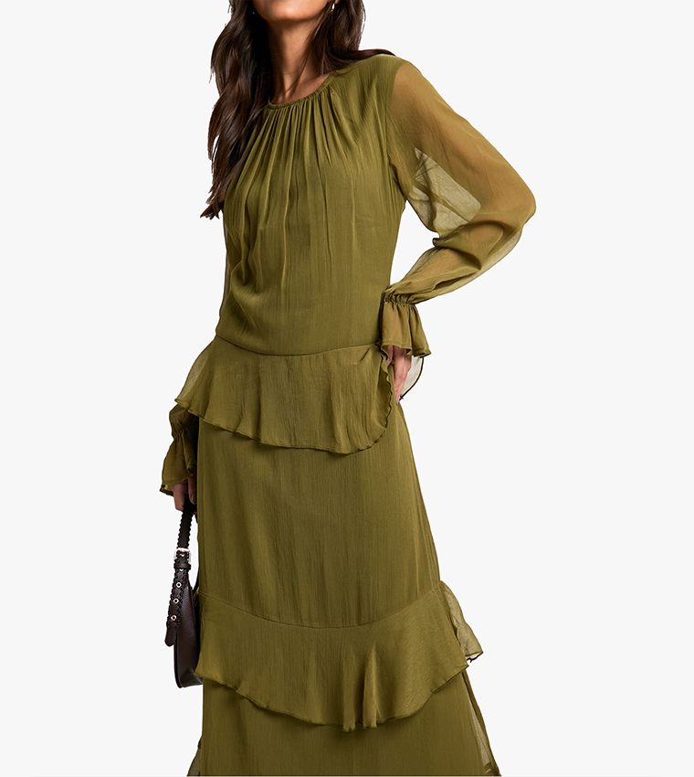 Crinkle Chiffon Ruffle Blouson Maxi Dress