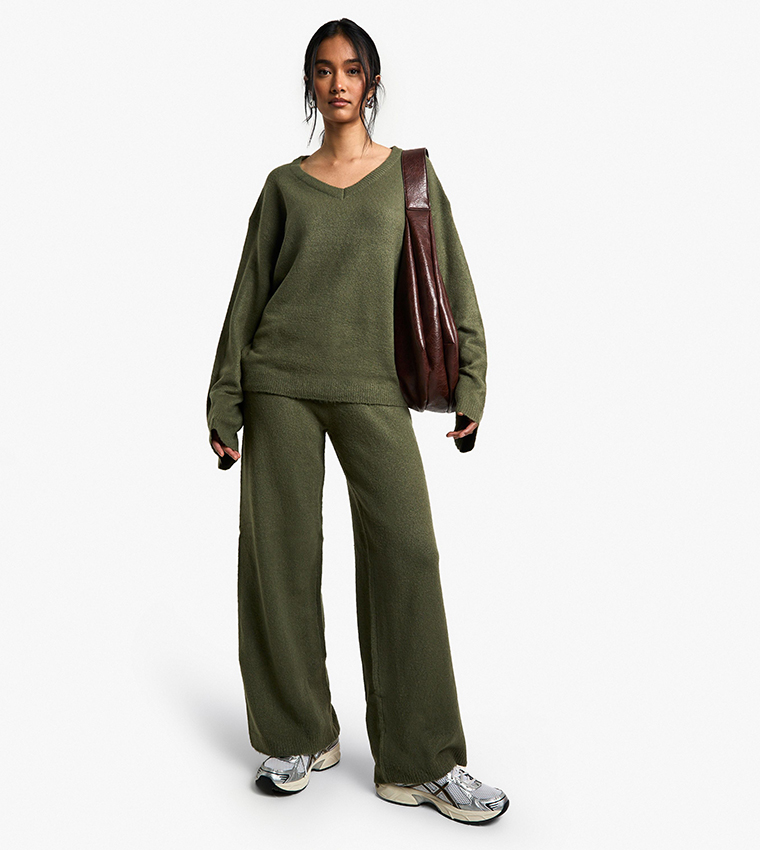 Buy Boohoo Soft Knit Sweater And Wide Leg Trouser Set In Green - Main Image