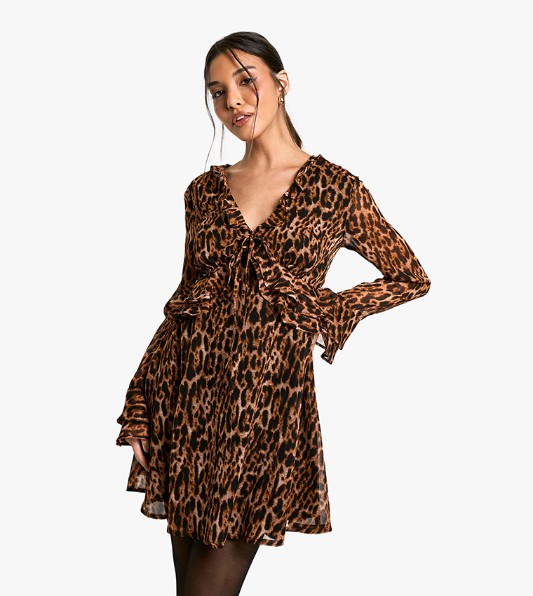 Leopard Ruffle Sleeves Mini Dress