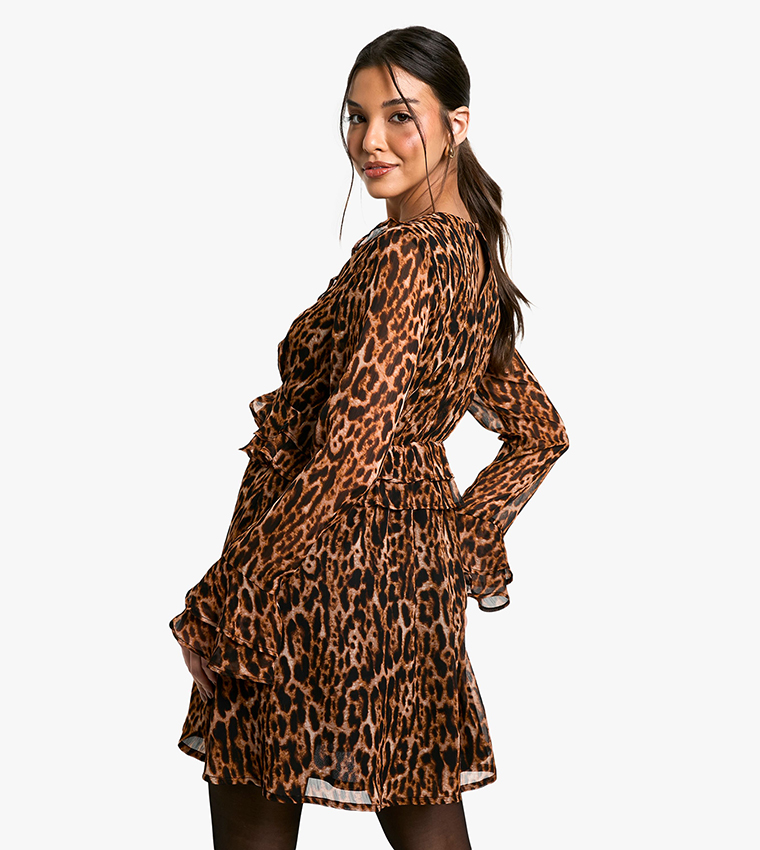 Leopard Ruffle Sleeves Mini Dress