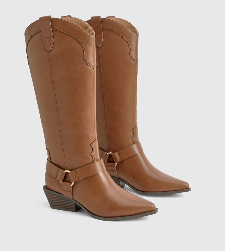 Western Style Harness Detail Knee High Boots