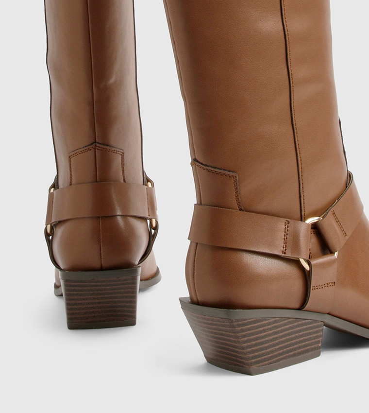 Western Style Harness Detail Knee High Boots