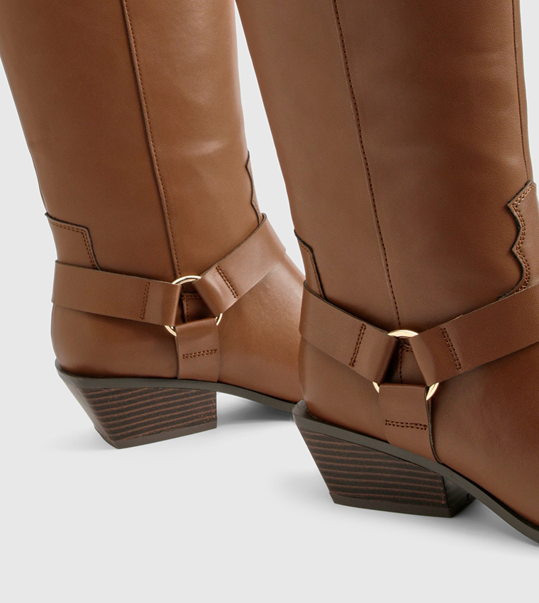 Western Style Harness Detail Knee High Boots