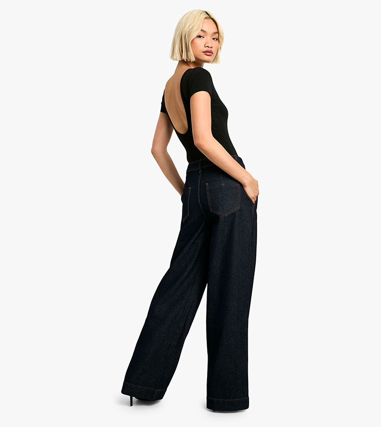 High Waist Hem Detail Wide Leg Jeans