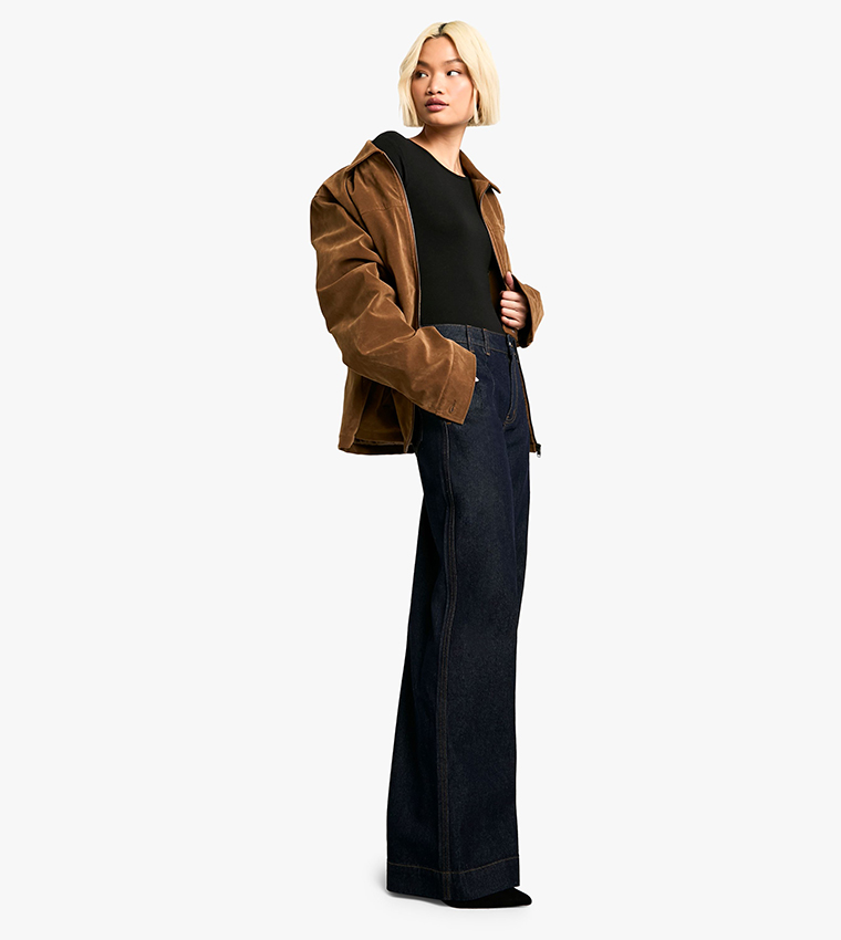 High Waist Hem Detail Wide Leg Jeans