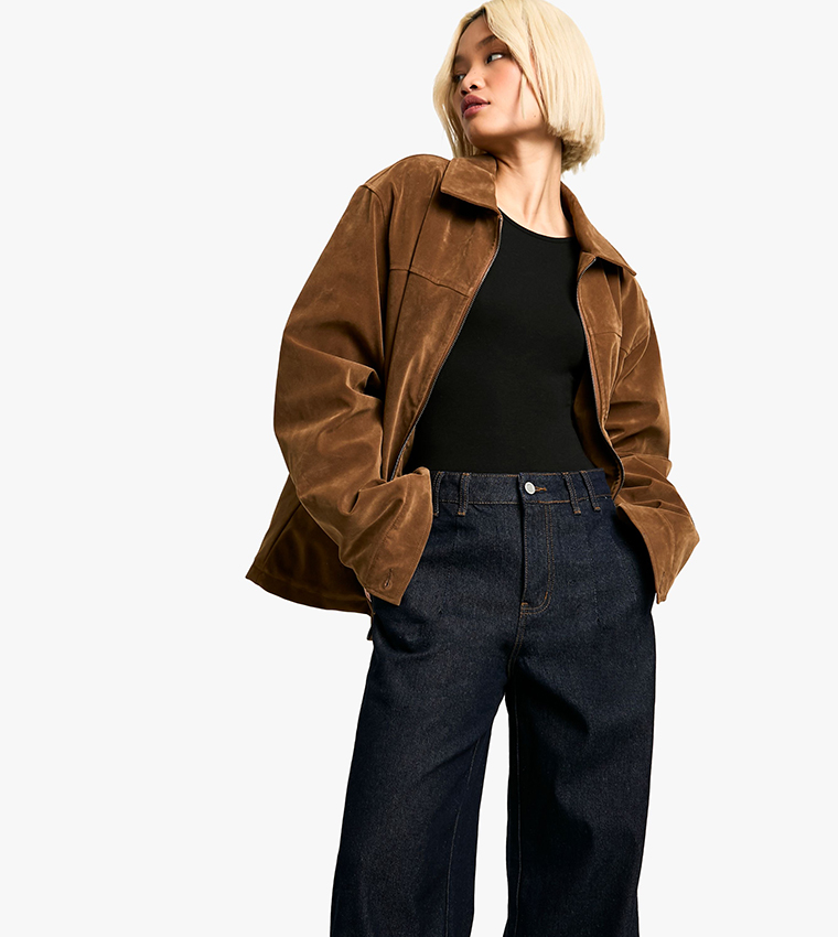 High Waist Hem Detail Wide Leg Jeans