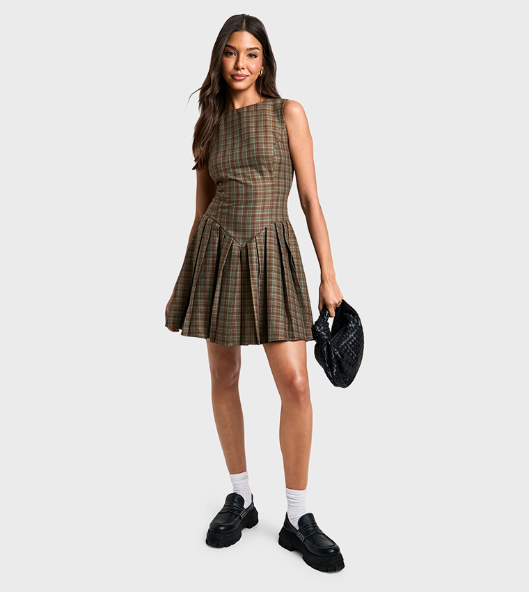 Check Pleated Tailored Dress