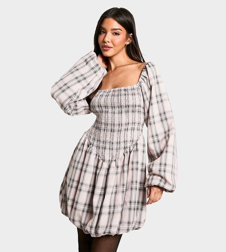 Check Shirred Puff Sleeves Mini Dress