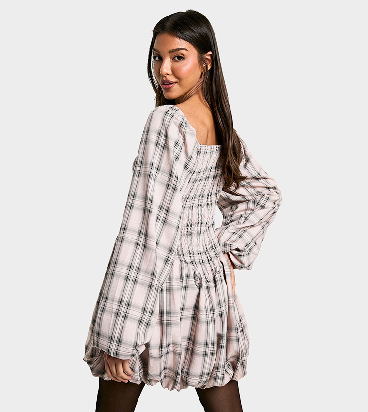 Check Shirred Puff Sleeves Mini Dress