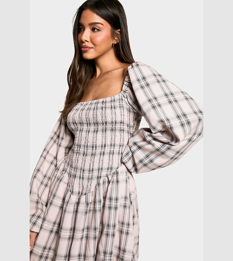 Check Shirred Puff Sleeves Mini Dress