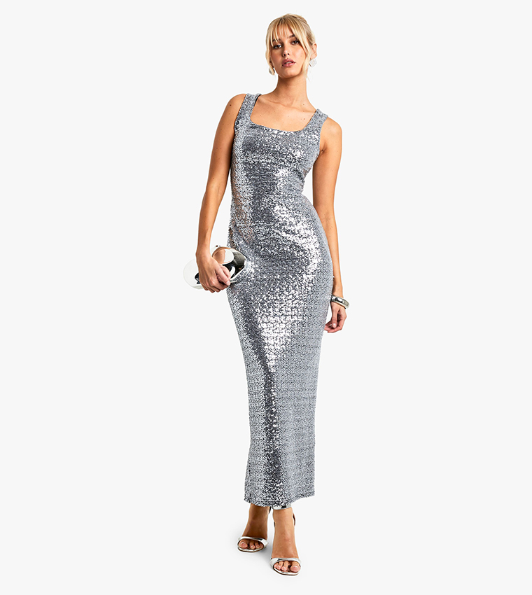 Sequined Square Neck Maxi Dress