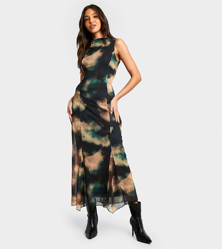 Abstract Printed Godet Hem Midaxi Dress