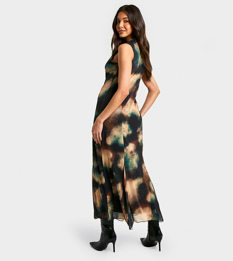 Abstract Printed Godet Hem Midaxi Dress