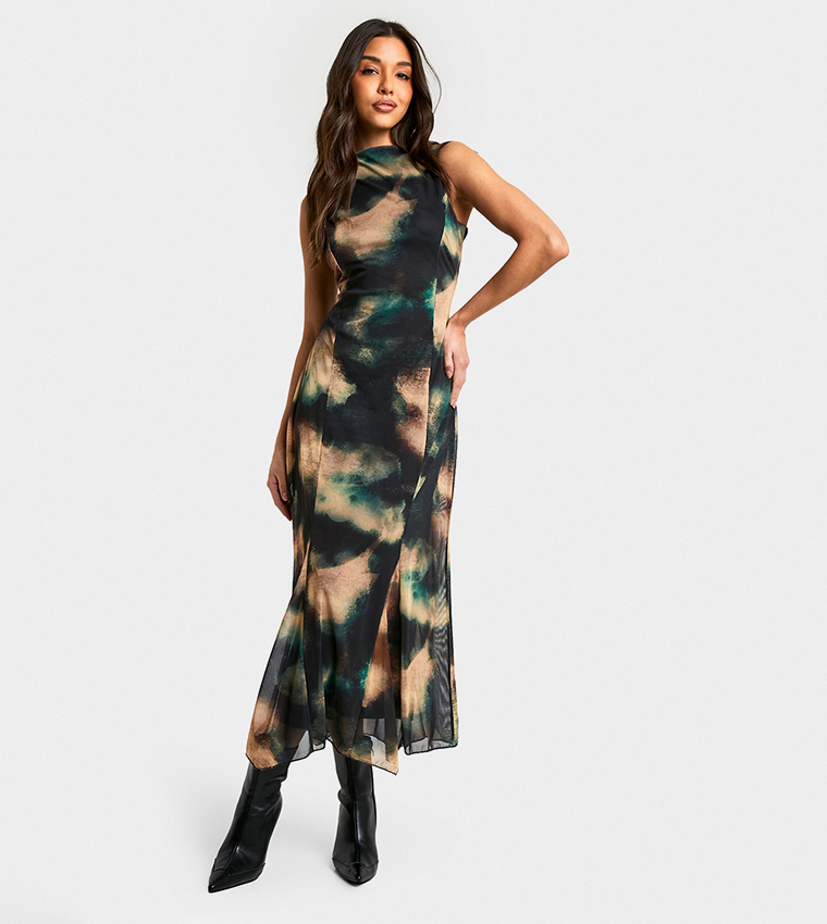 Abstract Printed Godet Hem Midaxi Dress