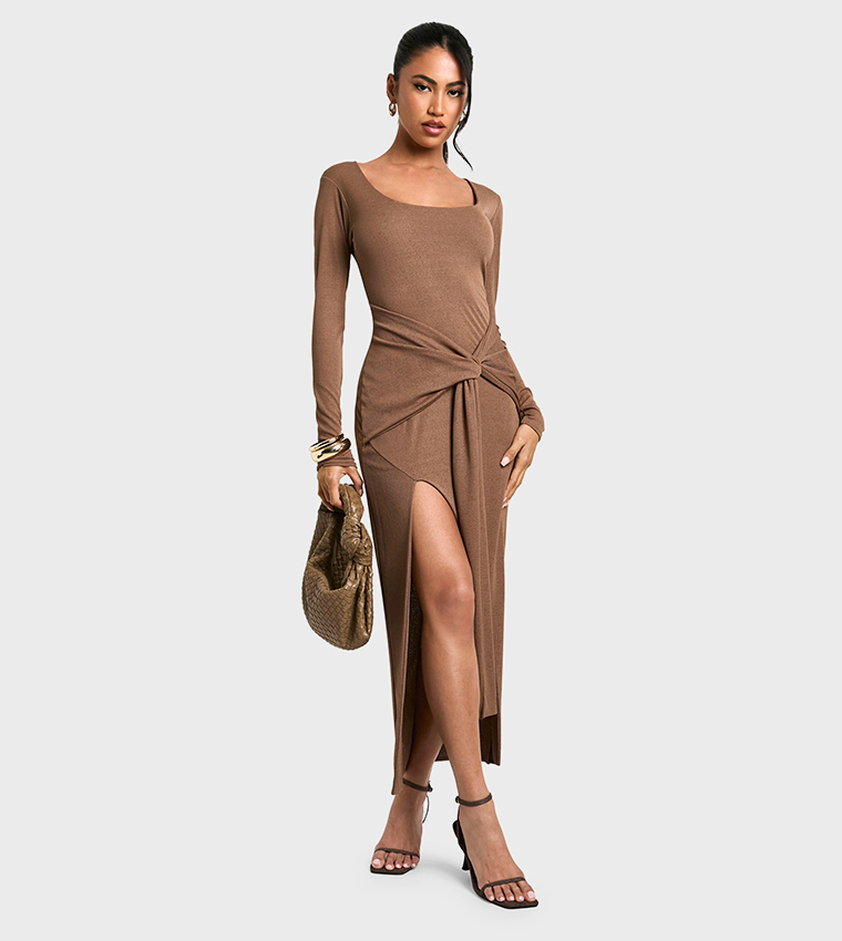 Scoop Neck Textured Draped Front Maxi Dress