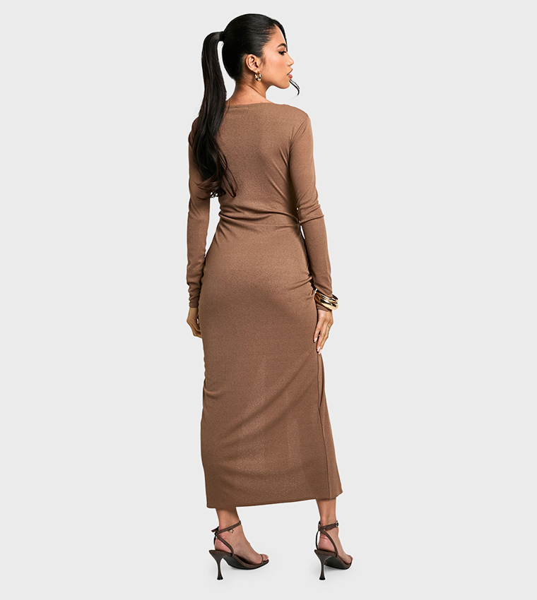 Scoop Neck Textured Draped Front Maxi Dress