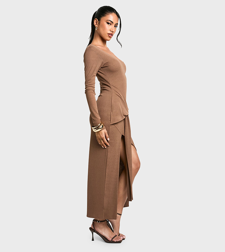 Scoop Neck Textured Draped Front Maxi Dress