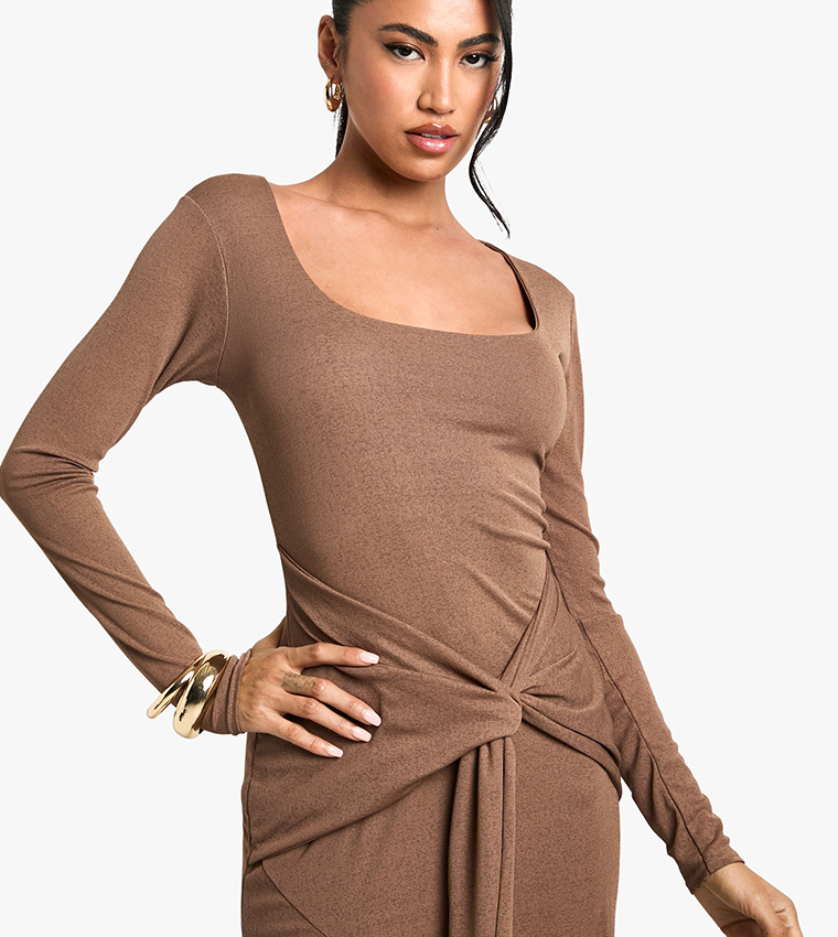 Scoop Neck Textured Draped Front Maxi Dress