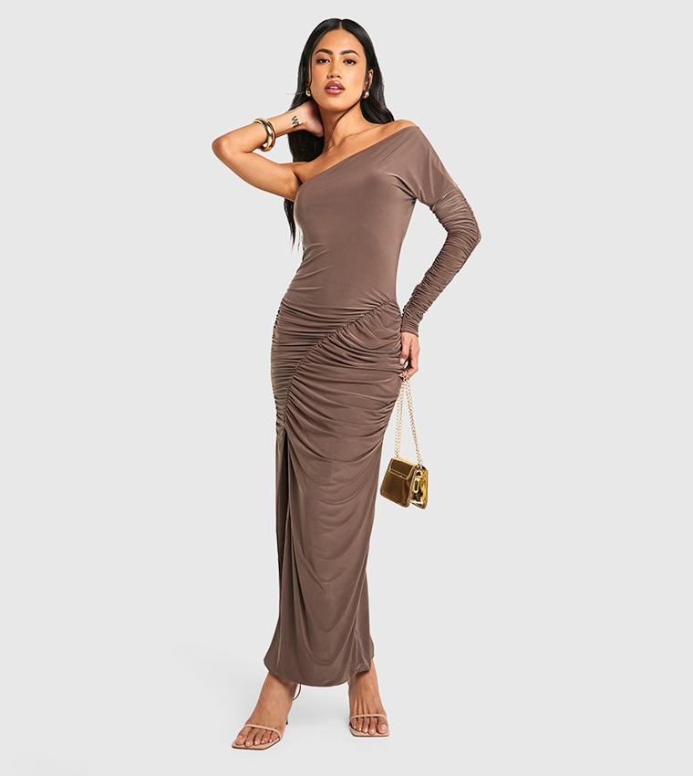 One Shoulder Slinky Ruched Maxi Dress